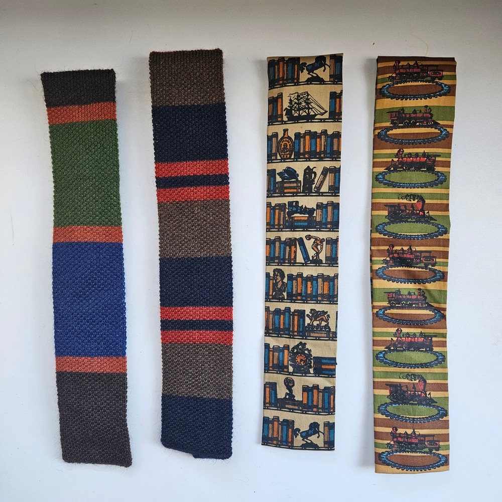 Lot of 4 Vintage Rooster Neckties Square Mohair Knit Train Ivy Prep Professor